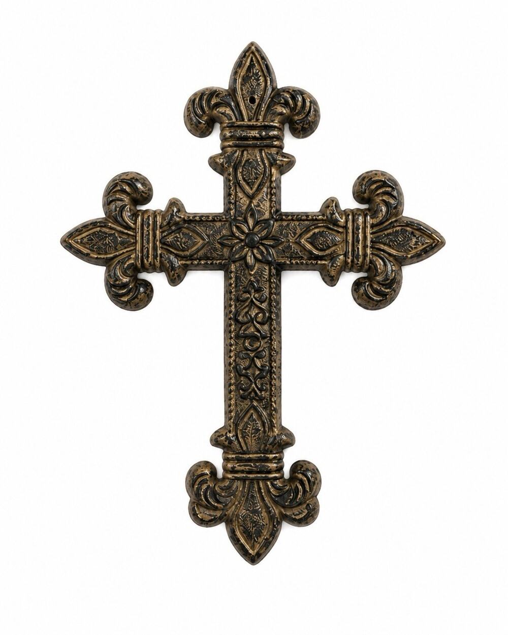 Cast Iron Fleur De Lis Wall Cross Rustic Religious Decor Brown Distressed 12” - Picture 1 of 7